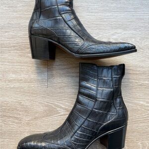 Yves Saint Laurent Dark Leather Croc-Embossed Boots